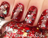 Custom Blended Nail Polish - "Hearts On Fire" - Holographic Red Silver Hearts Square Hexagon Glitter - Lacquer