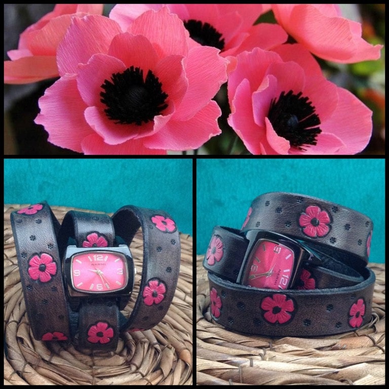 Leather "Anemone" Flower Wrap Watch - Hippie - Hand Tooled - Hand Painted
