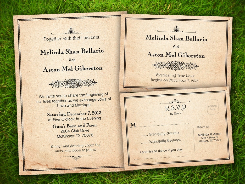 Wedding Invitation and RSVP Card Suite - Vintage Rustic Art Deco Customizable Double Sided Print