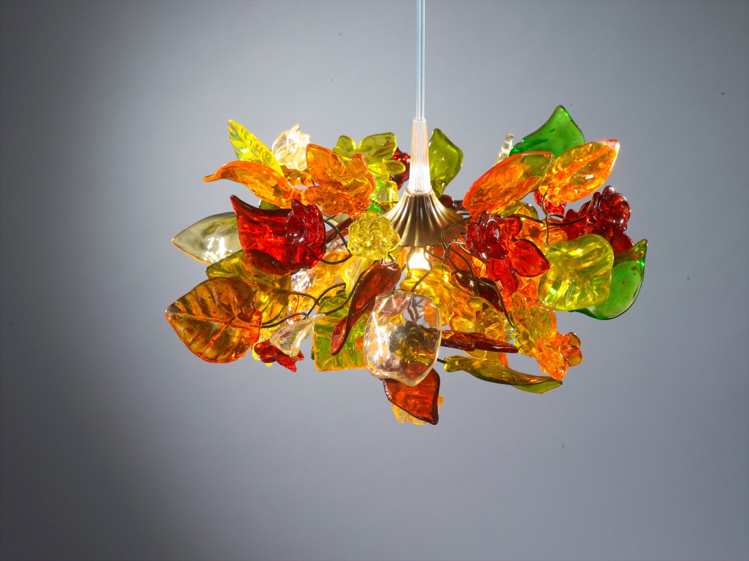 warm color flowers and leaves, hanging chandelier
