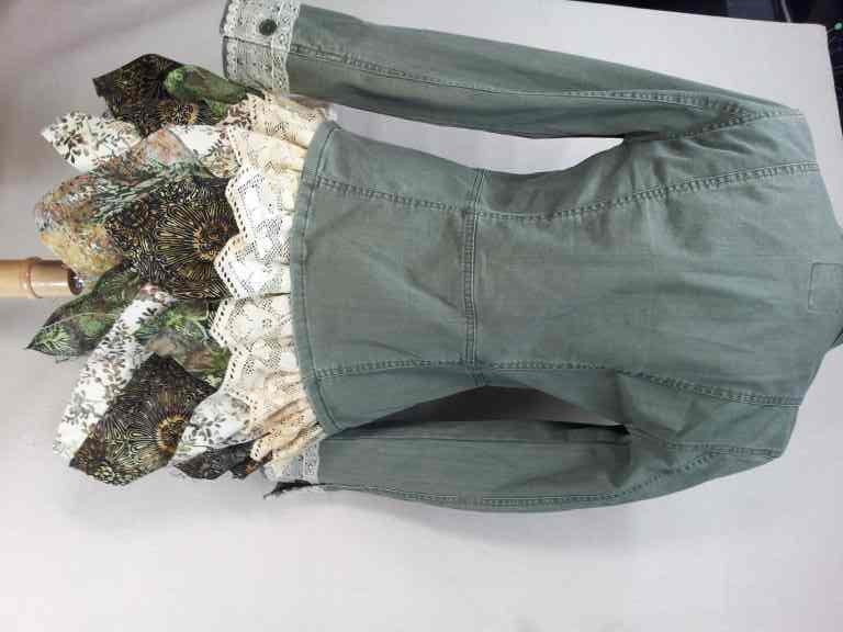 Upcycled khaki Jacket with Antique Lace and Batik Back skirt
