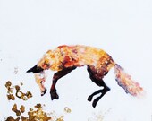 Fox Pounce.  Fine Art.  Original Oil Painting with 23k Gold Leaf.