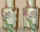 Vintage Pair of Chinoiserie Hand Painted Vases Large Unique Chinese Vessels Hollywood Regency Asian Matching Set