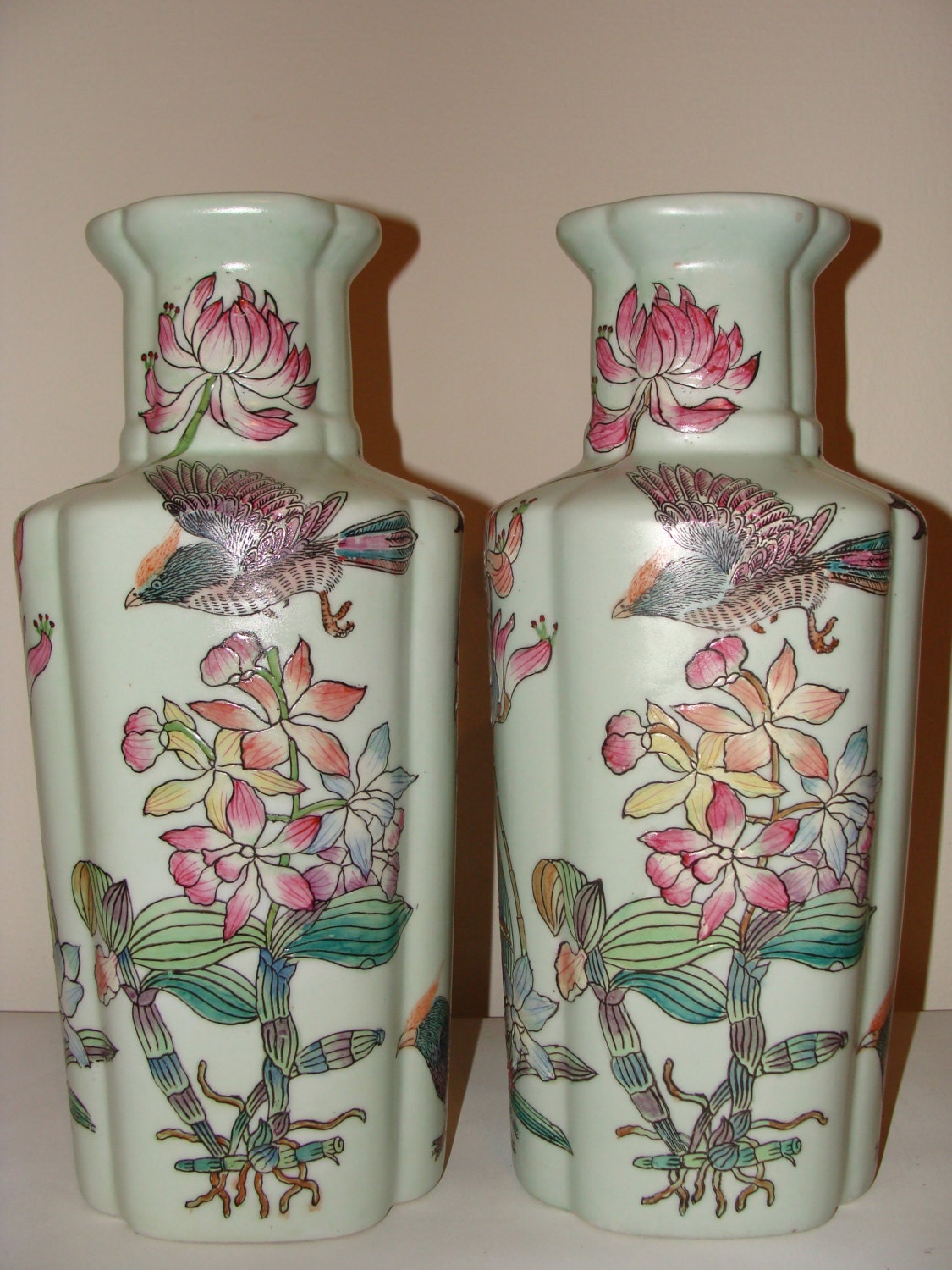 Vintage Pair of Chinoiserie Hand Painted Vases Large Unique Chinese Vessels Hollywood Regency Asian Matching Set