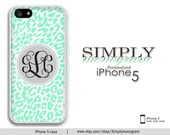 iphone 5 case - plastic or silicone rubber - mint and grey leopard monogram
