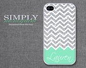Personalized iphone 4 case - iphone 4s case - plastic or silicone rubber -  mint and glittery chevron monogram  ( NOT ACTUAL GLITTER )