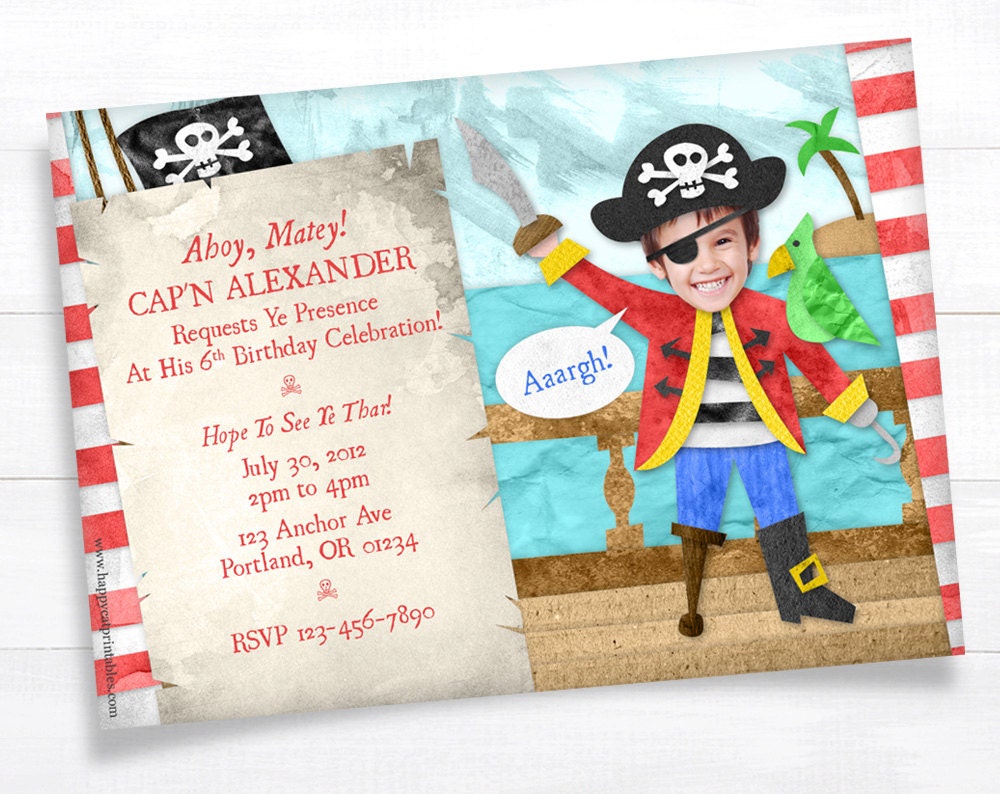 Boy Pirate INVITATION Kid Birthday Printable Invite Photo Picture Personalized Party Supply Children DIY Print Digital File Funny Cool Cute