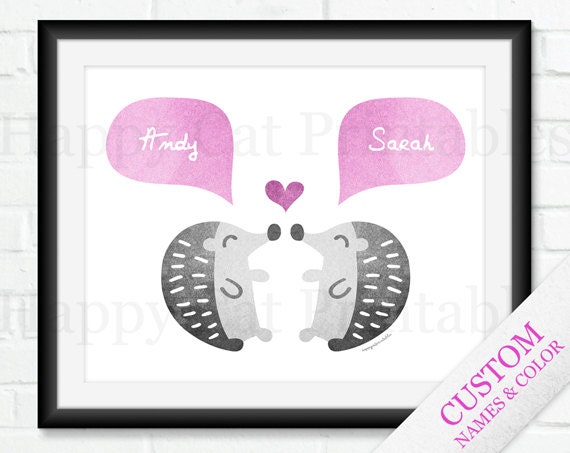 Hedgehog COUPLE Printable Wall Art Personalized Wall Decor Name Animal Pink Gray Print Custom Home Decor Poster Love Heart Wedding Gift 8x10