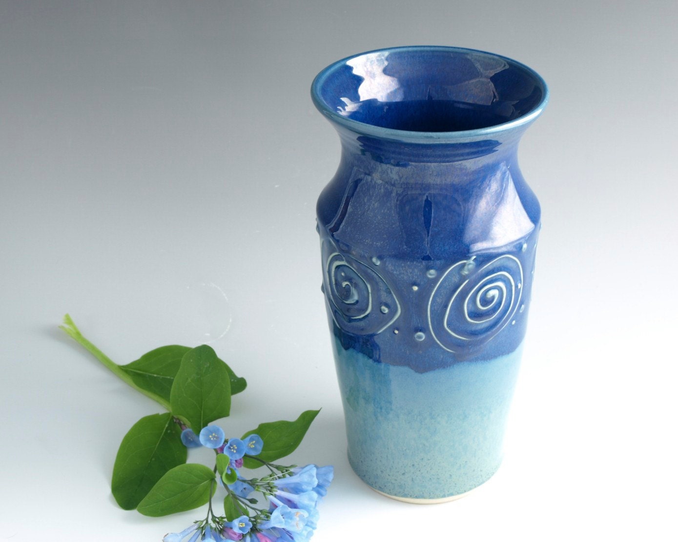 Large Pottery Floral Vase Cobalt Blue Whimsical Home Decor - Ready to Ship
