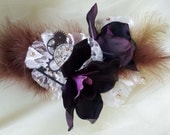 STEAMPUNK CORSAGE, Prom, Wedding, OOAK, Victorian, Orchid, Eggplant color, Ivory Lace, marabou feathers, Clock, Gears, Skeleton Key, Pearls