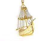 Vintage Pirate Ship Necklace, Clipper Ship Necklace, Nautical Ship Pendant, Gold Toned