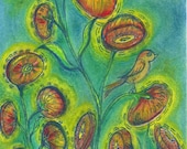 Original Mixed Media Drawing, Abstract Art, Oil Pastel and Ink Drawing, Birds, Flowers, Green, Yellow, Blue, OOAK