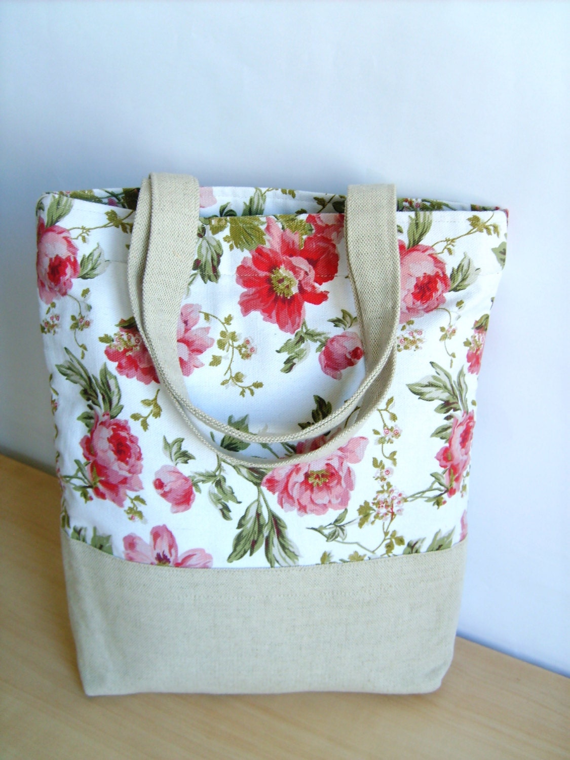 Tote bag, Canvas bag, Romantic bag, natural linen and cotton bag, rose, pink, white, flower pattern