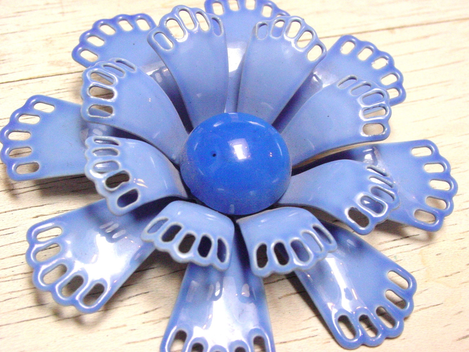 Large Vintage Blue Metal Enamel Flower Brooch (retro 60s 70s light round wedding bridal)