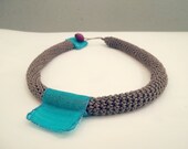 Crochet necklace - modern geometric jewelry - textile necklace in teal and brown , sand