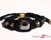 Elegant Beaded Macrame Bracelet with Swarovski Button & Briolette Beads Black Gold