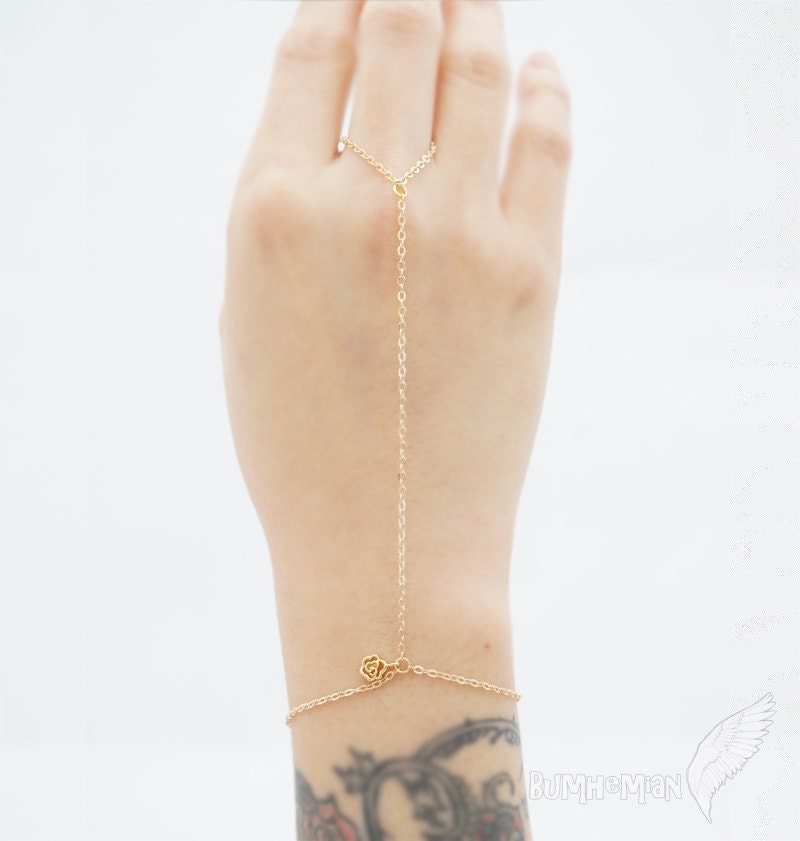 Simple 16k Gold Plate Cable Chain, TINY Rose Charm, Slave Bracelet