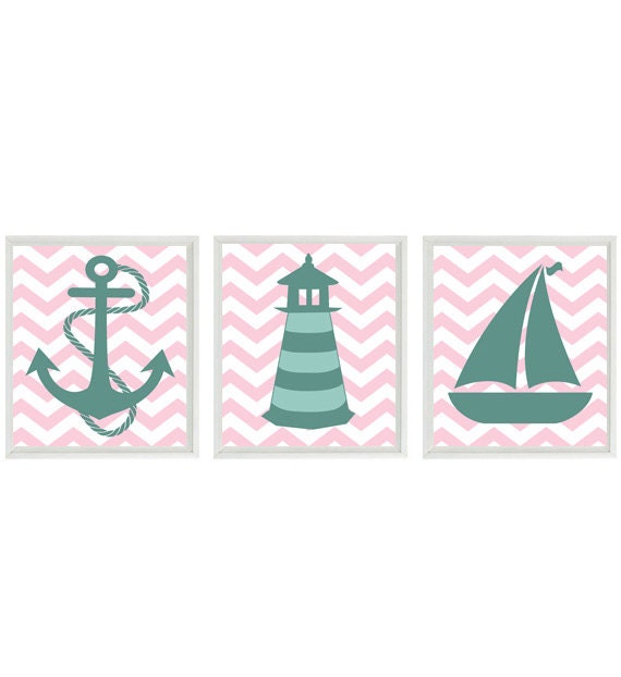 Nautical Art Print Set - Nursery Art Lighthouse Anchor Sailboat Children Room Chevron Pink Green - Wall Art Home Decor Set  3 8x10 Prints
