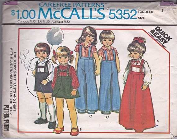 Vintage 70s McCalls 5352 Toddler Shirt, Overall Pant, and Skirt Pattern, UNCUT