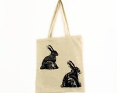 Hare Cream Tote Bag - Black Bunny Rabbit - Natural Cotton Bag - Cute, Quirky & Unique - White Block Printed by Hand - Under 15 pounds