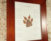 Song Of A Dog Poem, 11 x 14, with original watercolor illustration of a mosaic dog paw with multi colored hearts on pad and words on toes.