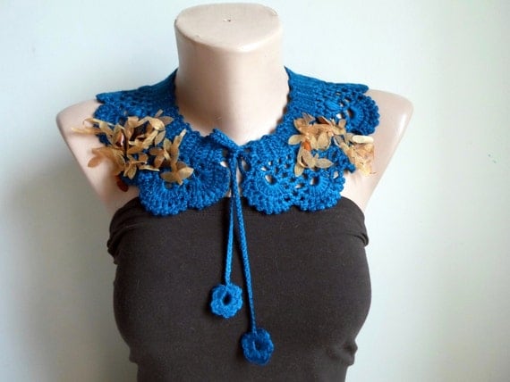 Collar Necklace, Cotton crochet Peter Pan Collar Necklace, Teal Blue,  oil blue. Blue .for her.