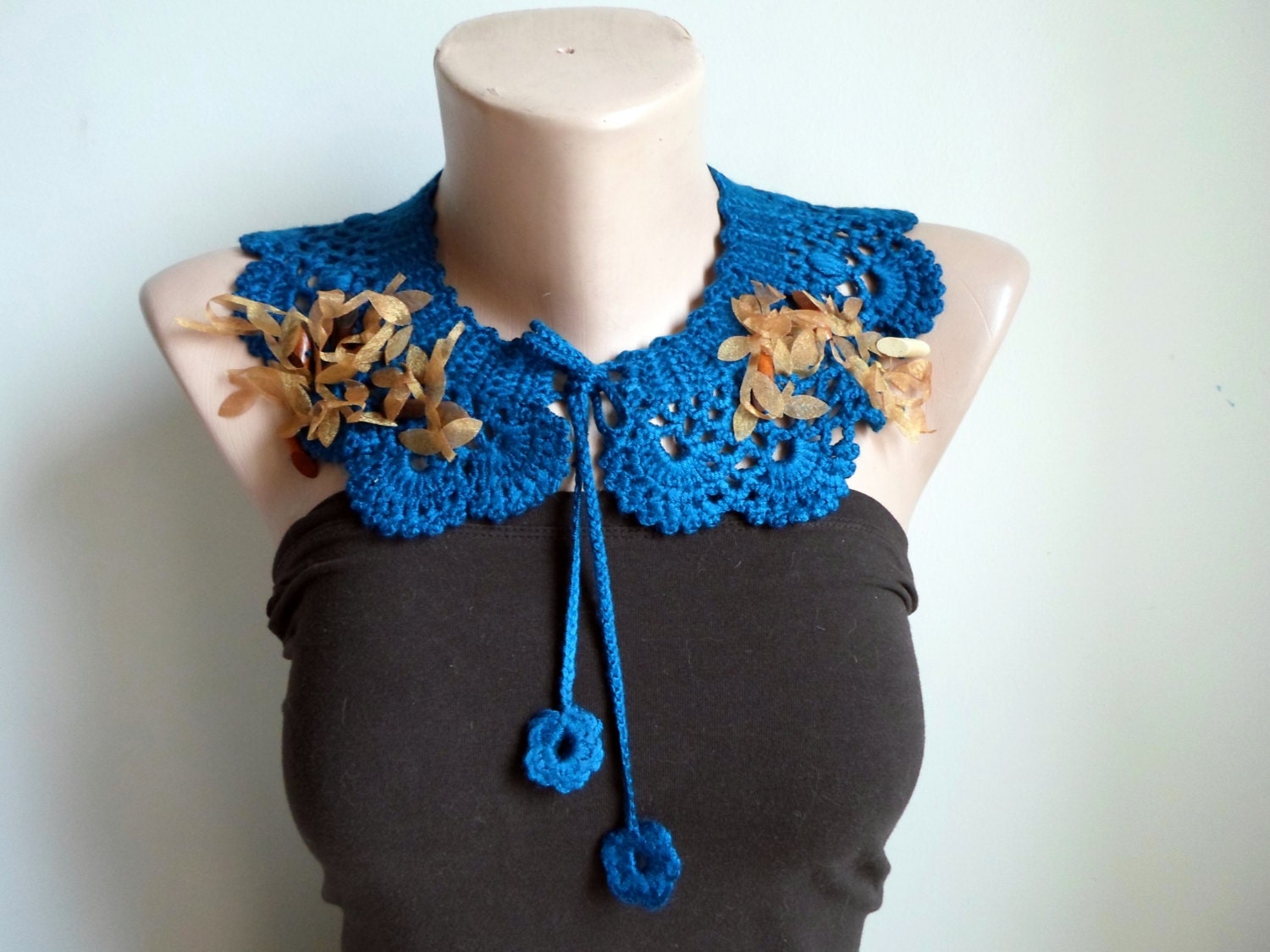 Collar Necklace, Cotton crochet Peter Pan Collar Necklace, Teal Blue,  oil blue. Blue .for her.