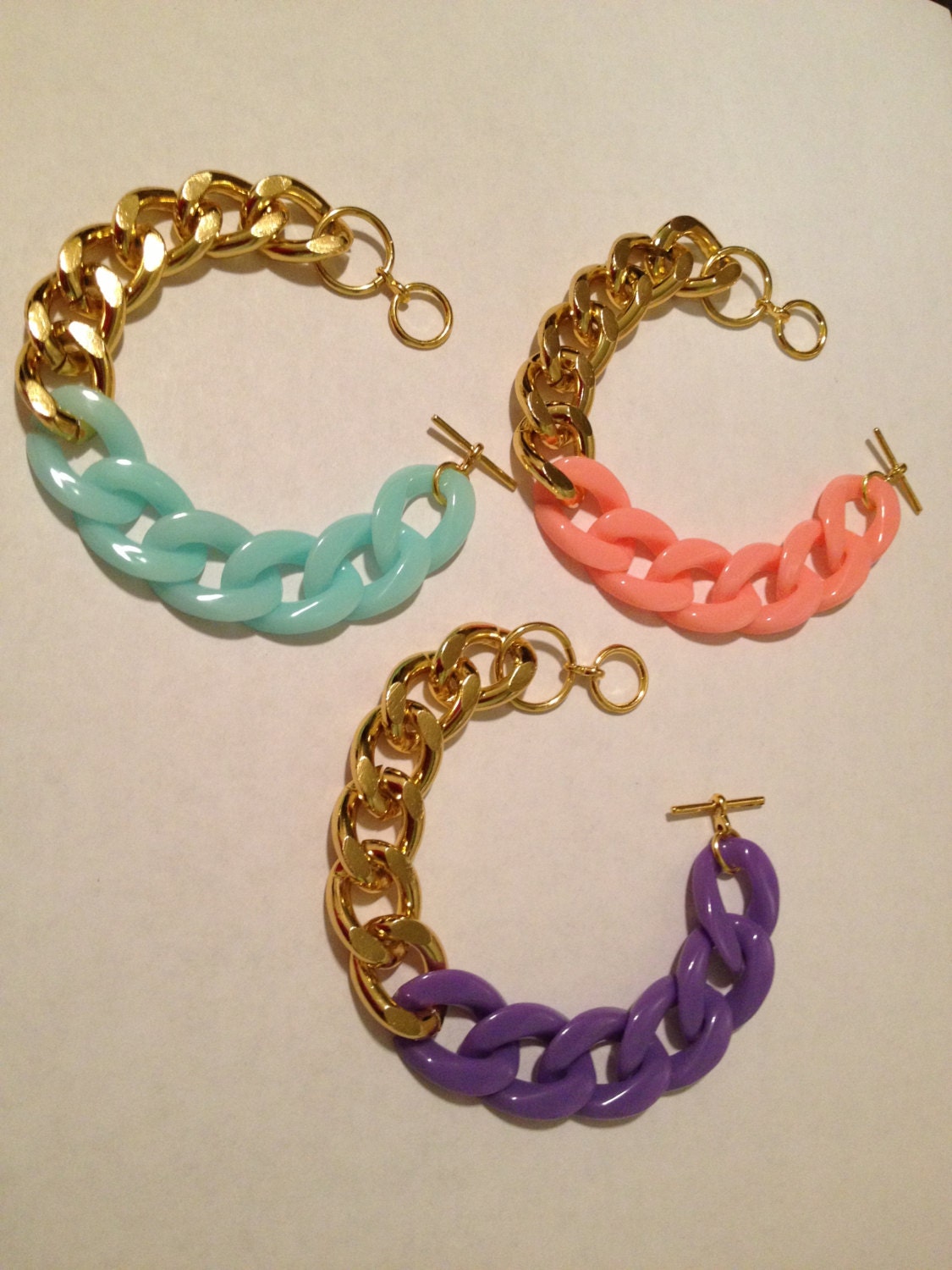 Bright Gold chunky chain mint bracelet, peach bracelet, purple bracelet, mint jewelry, coral jewelry, spring jewelry 