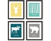 Woodland Nursery Modern Art Prints Yellow & Blue- Set of 4, Deer Head, Woods, Bear, Moose, Custom Nursery Decor, Forest Nursery - 5x7