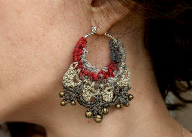 Large red and grey variable crochet tribal earrings - KettleMist
