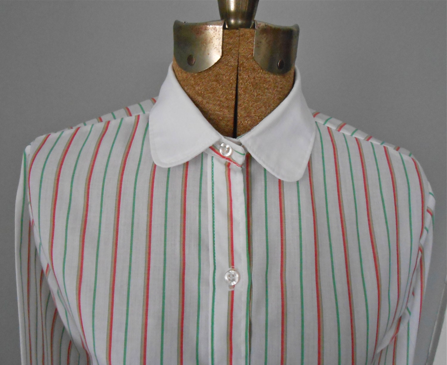 Striped Long Sleeve Cotton Blouse with Peter Pan Collar in Red Green and White by Stuffed Shirt vintage womens medium
