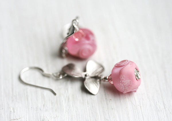 Orchid Earrings, wedding - pink lampwork beads, romantic, jewelry by MayaHoney