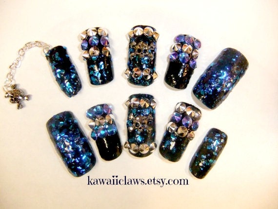 Black Blue glitter spikes & studs nails with skull dangle peircing bling full false/fake 3D nail goth punk biker