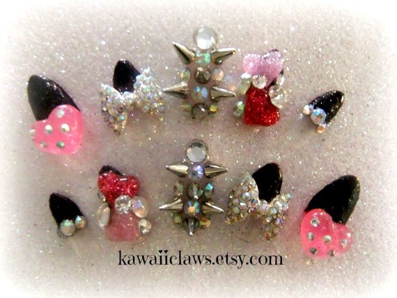 Party Time pink and black glitter stiletto 3D spiked False/Fake Full cover claw Nails gyaru glam