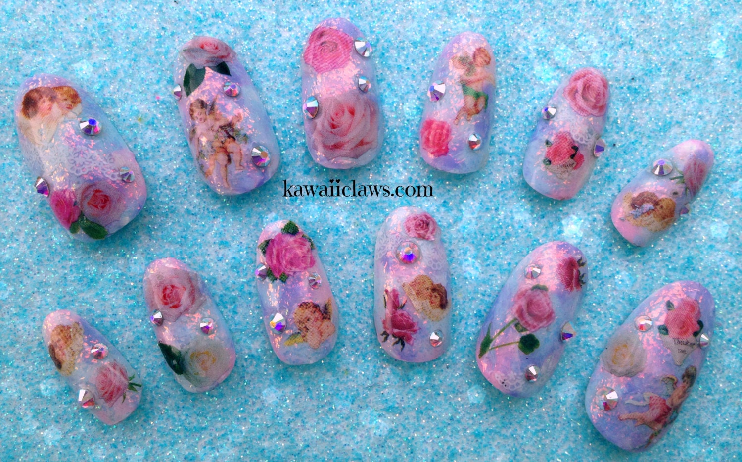 READY TO SHIP Heavenly Pastel watercolor & Sweet Vintage Victorian angels, lace and roses with Swarovski gems 3d false fake nail art