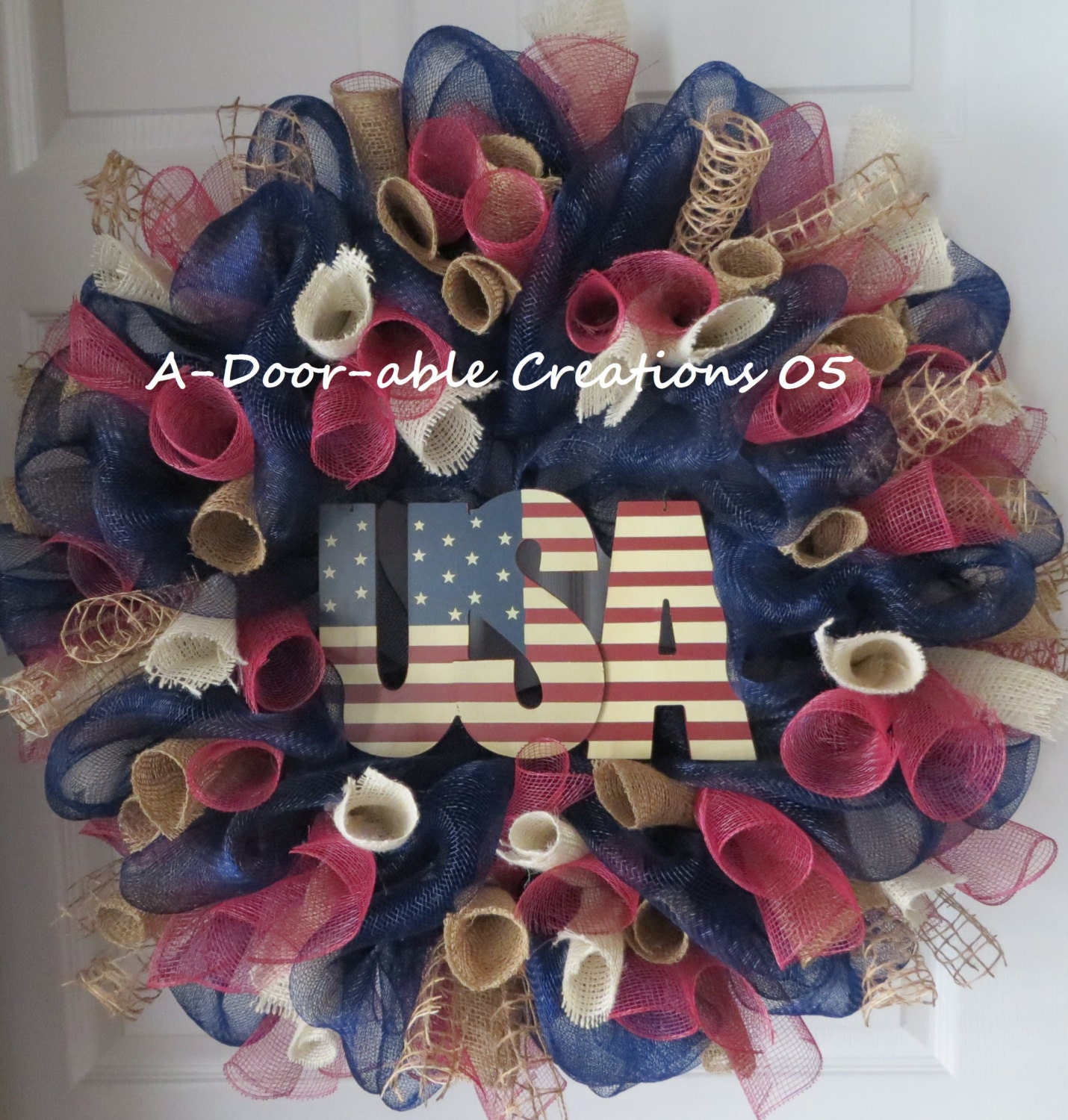Vintage/Primitive..Patriotic..USA.. Deco Mesh Wreath with Burlap