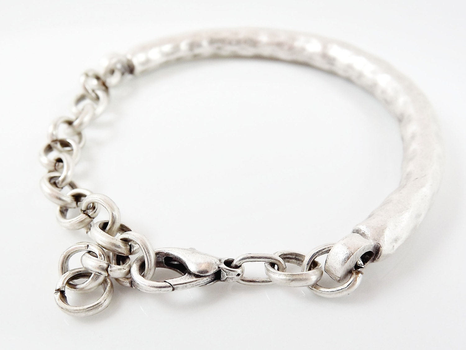 Organic Textured Bar Bracelet with Links & Lobster Clasp - Matte Silver Plated - LylaSupplies