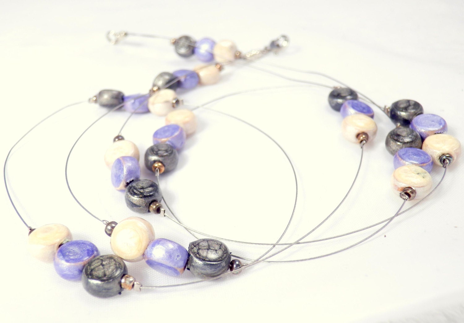 Beaded blue white black minimalist wooden small necklace, hand-painted