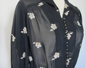 ON SALE 1920s-1930s sheer black dress / 20s-30s day dress / vintage dress with floral embroidery