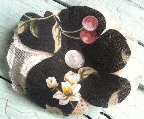 Black Fabric Flower, Headband, Hair Clip, Brooch, Ecru Lace, Vintage Inspired, Black Headband, Hair Accessory, Girls, Women's, Baby's