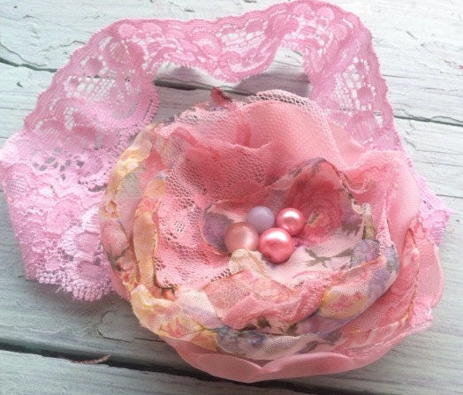 Shabby Chic, Pink & Baby Blue, Satin And Tulle Cabbage Rose, Girls Pink Headband, Hair Clip, Flower Appliqué, Women's Hair Accessory