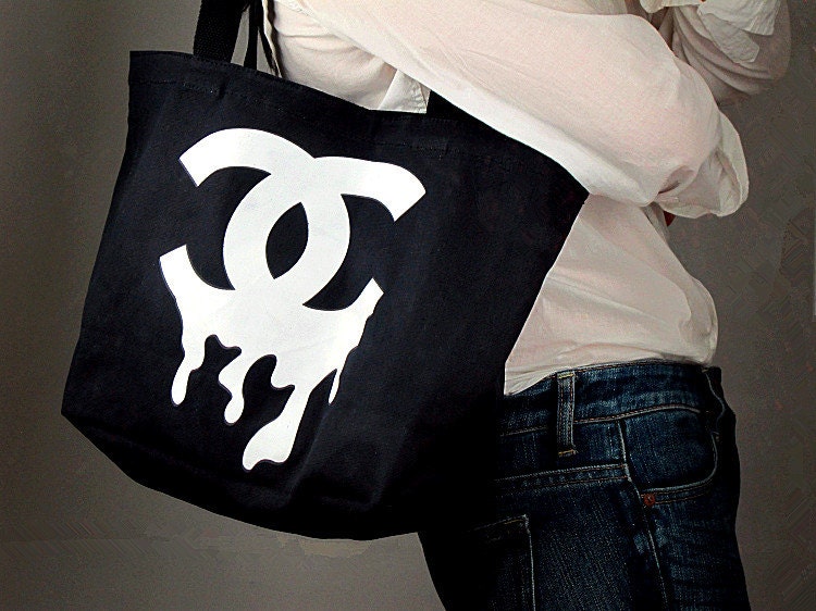 Logo Black and White Tote Bag / Beach Bag / Diaper Bag, Laptop Bag, Purse, Large, Medium Canvas Ready To Ship Handmade silk screen printing