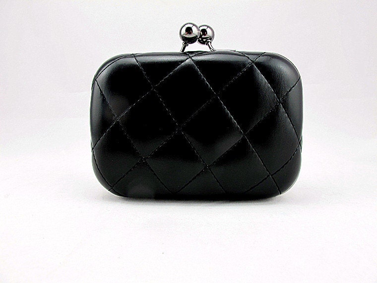 Mini Purse - Quilted Vegan Leather Hard Sided Round Structured Clutch Minaudiere - Black - Case Shoulder Bag Handbag - Women - Handmade