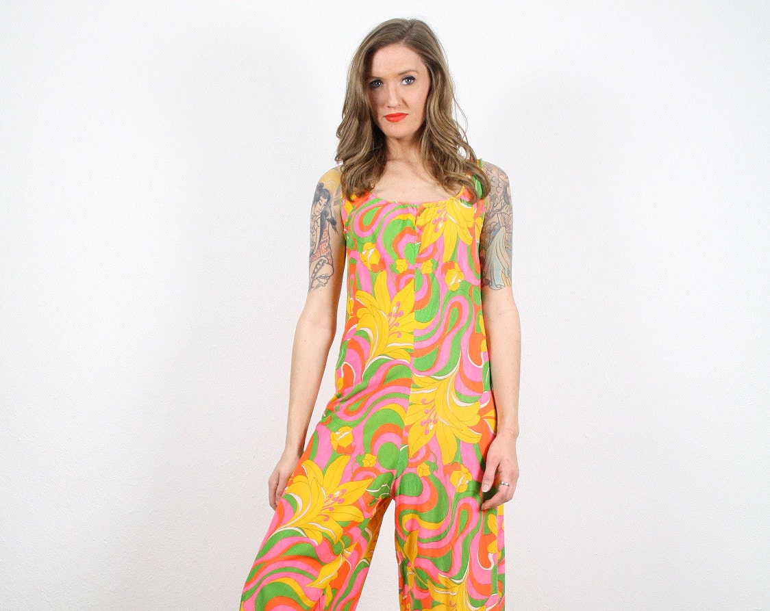 Vintage S M Bright Psychedelic Print Mod Wide Palazzo Leg Pants Jumpsuit Romper