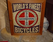 Custom framed solid cedar wood 15X18 man cave metal vintage Schwinn Bicycle sign oak finish country rustic wall hanging display