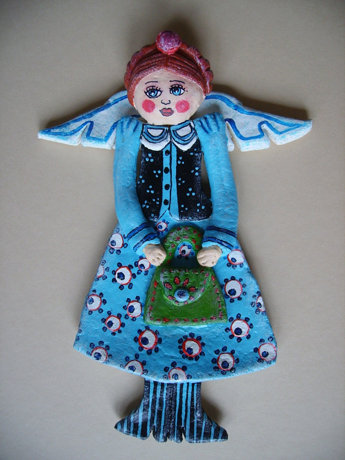 The angel with a purse (salt dough figurine wall hanging home decor decoration ornament folk art colourful colorful doll hand painted blue)