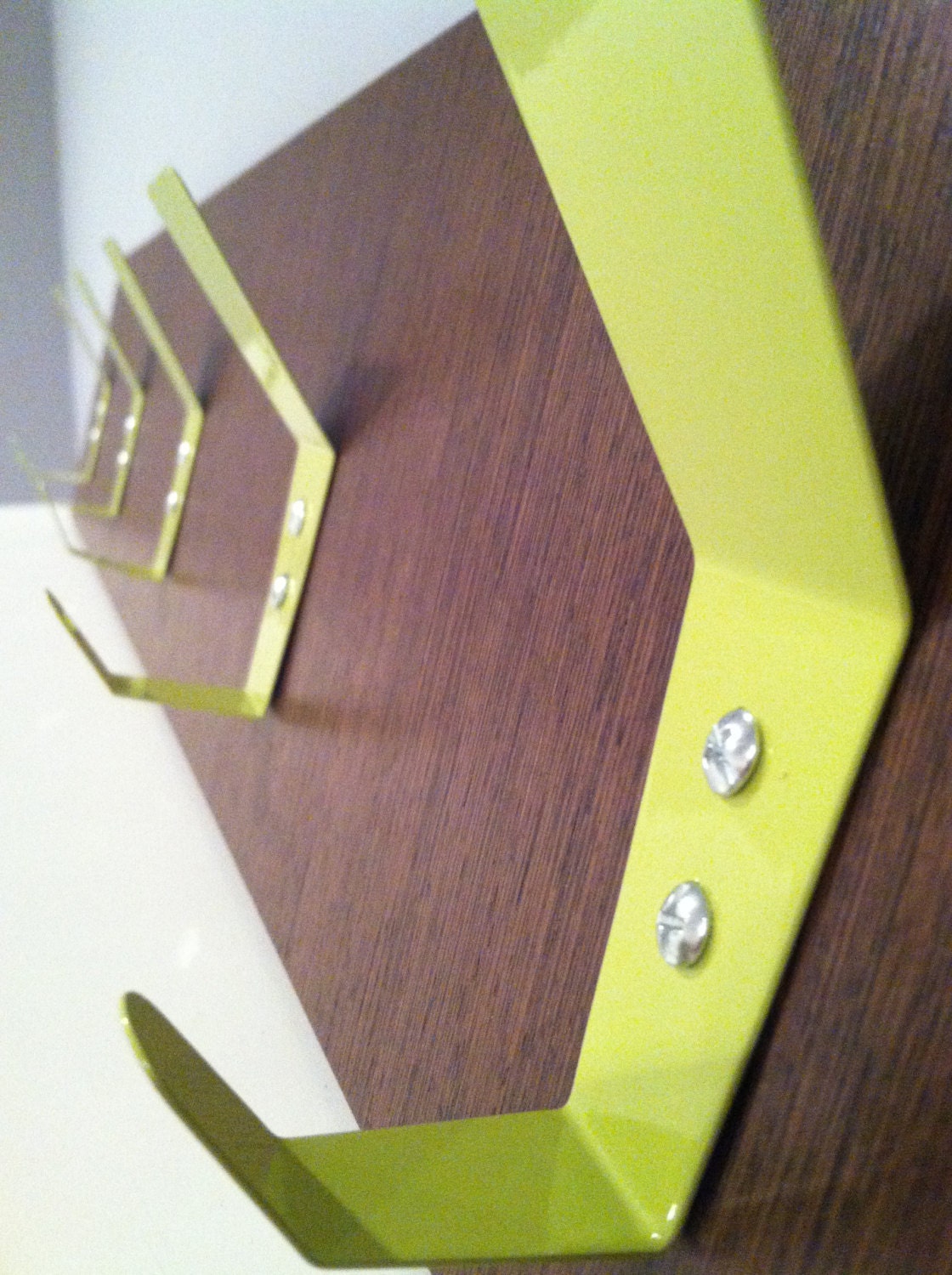 Mid century modern 5 hook coat rack, key/mail holder in stark chartreuse green/dark brown walnut wood, urban loft decor