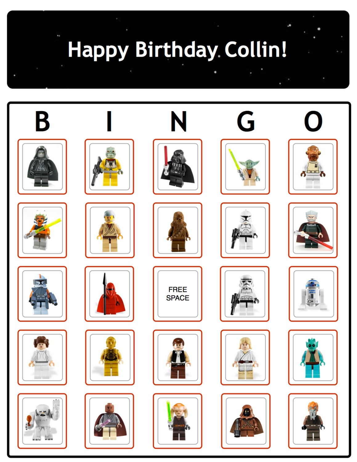 Bingo Star Wars Birthday Party Game Cards