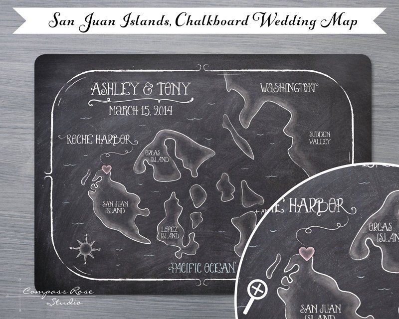 Chalkboard Wedding Map, Save the Date or Invitation - San Juan Islands - Hand-drawn, Custom Maps, Original Designs - CompassRoseStudio Chalkboard Wedding Map, Save the Date or Invitation - San Juan Islands - Hand-drawn, Custom Maps, Original Designs - CompassRoseStudio