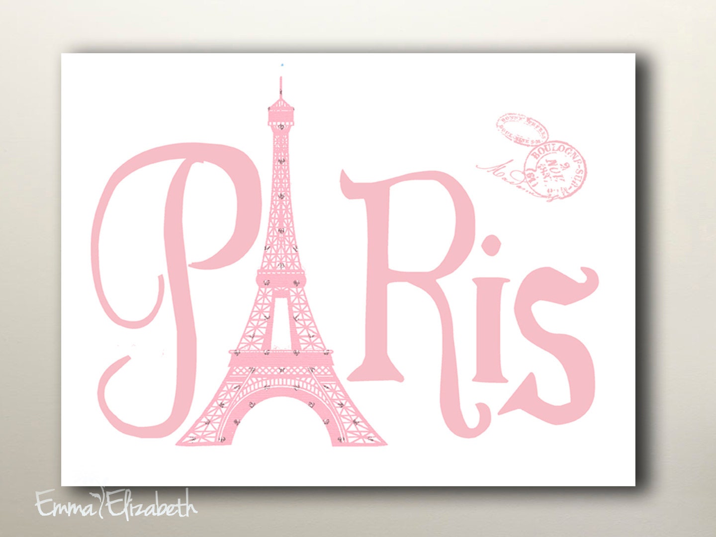 Paris with Love Paris Typography wall decor Vintage pink Post card stamp Eiffel tower art print French Typographic poster Girls room decor